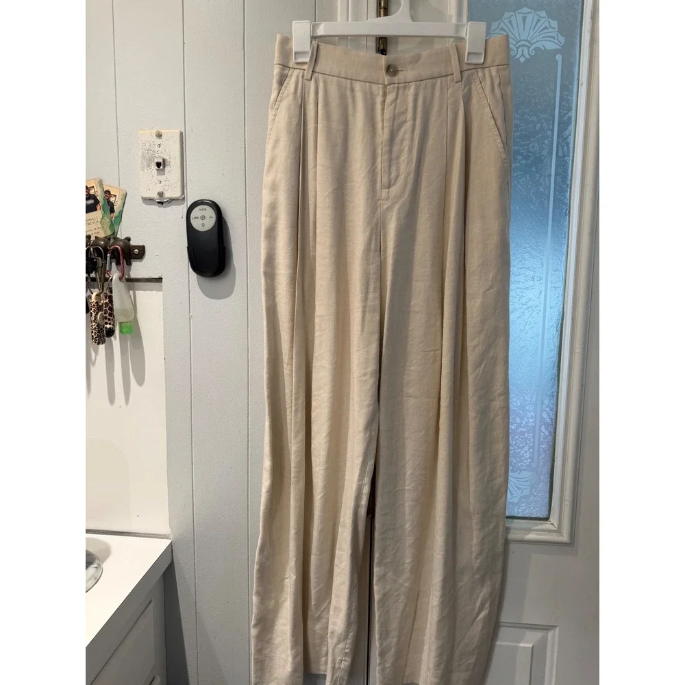 Banana Republic Womens Beige Linen Blend Pleated Wide Leg Trousers Pants Size 2
